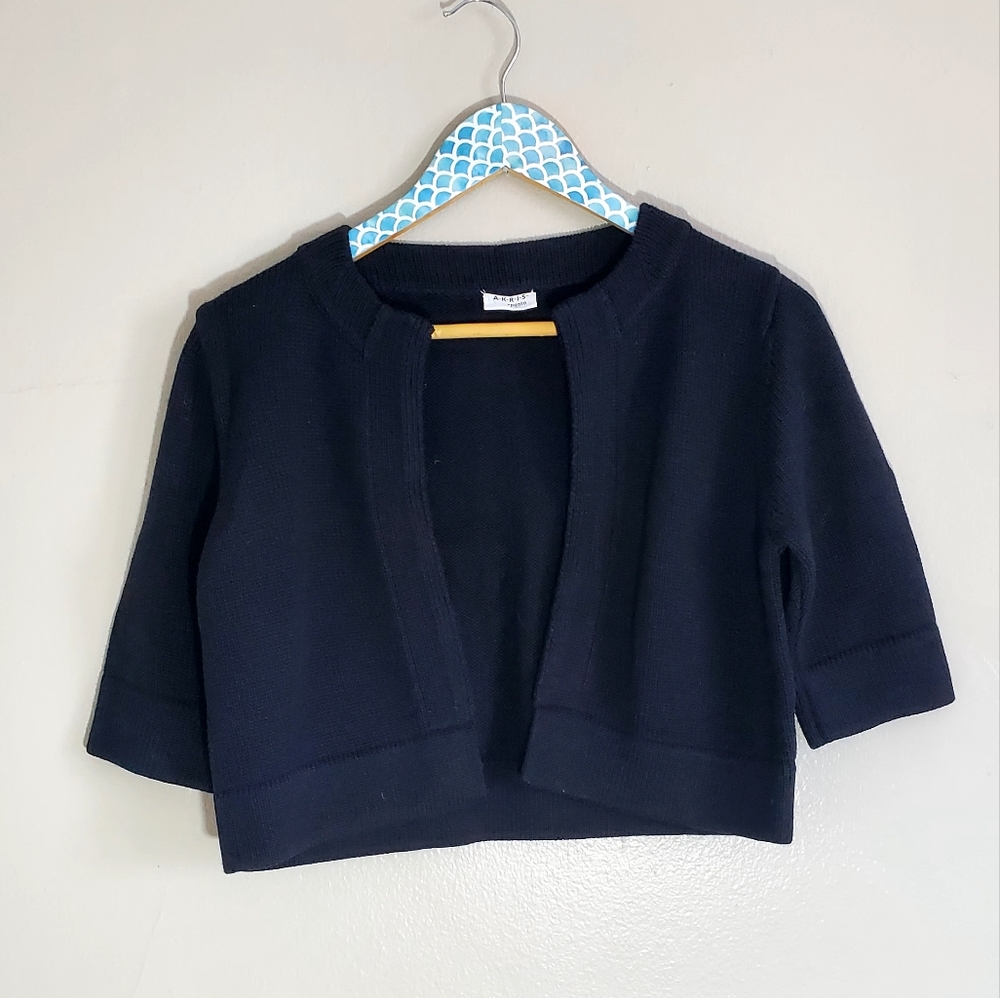Akris Punto Womens SZ 6 Black Wool Crop Short Sleeve Knit Open Cardigan